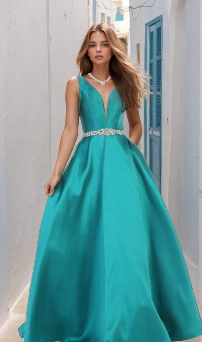A woman stands in an alley wearing the Chicas CC3021 Jeweled-Waist Long Prom Ball Gown, featuring a deep V-neckline and a matching turquoise necklace.